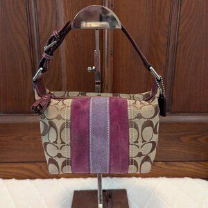 Coach Mini Handbag Brown Canvas Purple Suede Signature C Purse